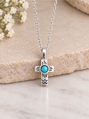 Southwestern Turquoise Cross Sterling Silver Sand Cast New Sterling Plate Chain